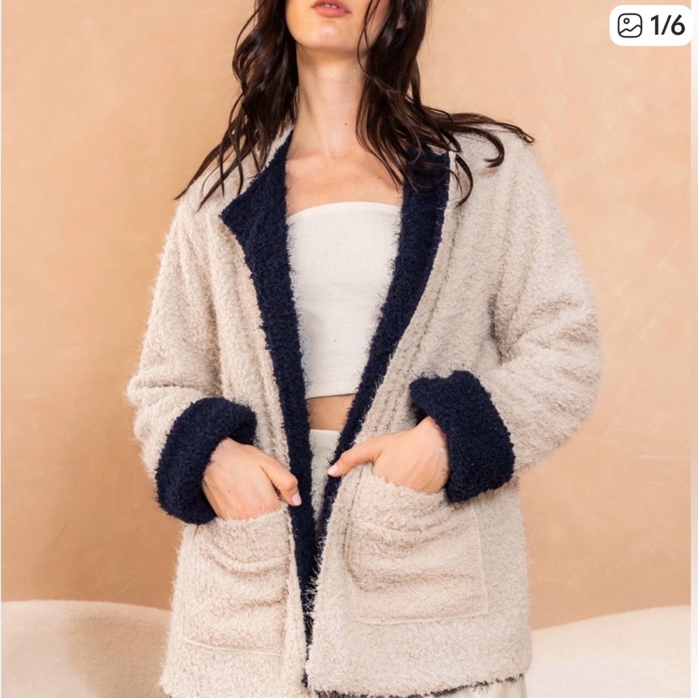 Cream and Navy Teddy Jacket